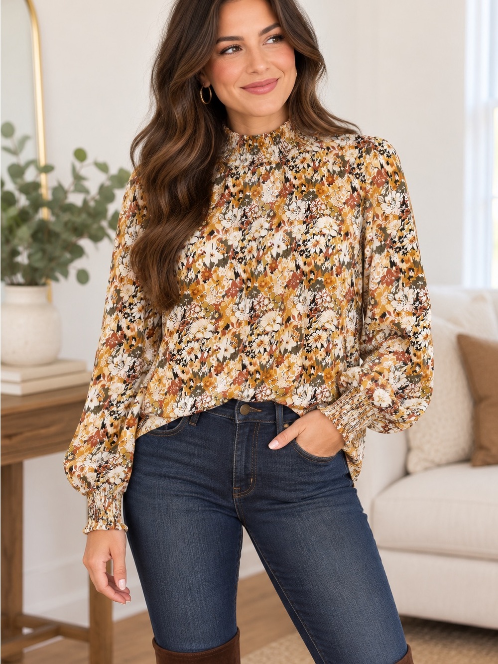 Alexander Jordan Floral Smocked Mock Neck Blouse Size Large Boho Fall